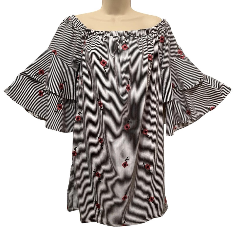 Betsey Johnson Dress Striped Embroidered Flowers Off Shoulder Size 8